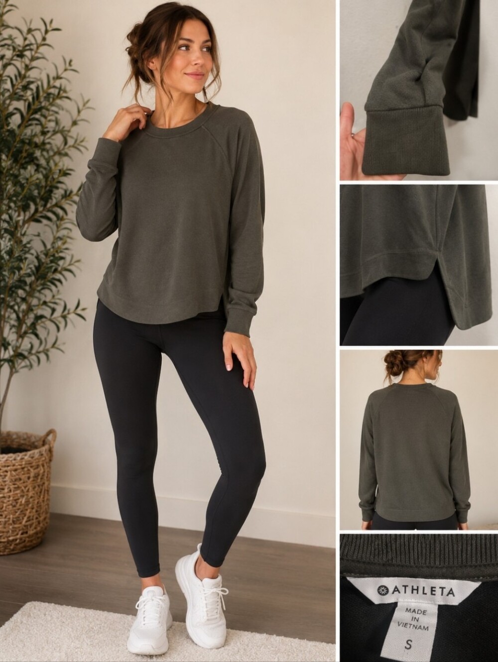 Athleta Olive Gray Athleisure Sweatshirt | Luxe Minimalist High-Low Pullover